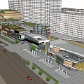 Modern Commercial Street With High Rise Buildings Trees And Pedestrian Walkway