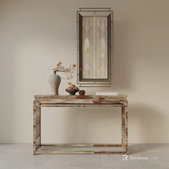 Elegant Console Table With Vase Branches Small Ornaments And Decorative Painting On Light Colored Wall 3d model 