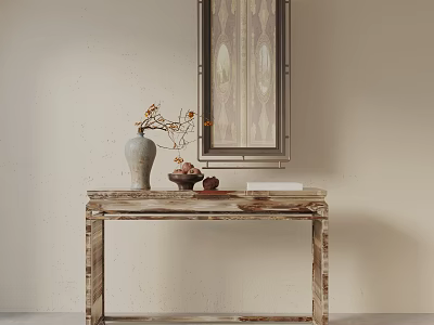 Elegant Console Table With Vase Branches Small Ornaments And Decorative Painting On Light Colored Wall 3d model