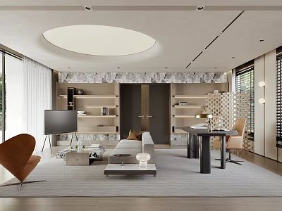 Modern Home Office Interior With Bookshelves TV Sofa Desk And Floor to Ceiling Windows 3d model