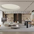 Modern Home Office Interior With Bookshelves TV Sofa Desk And Floor to Ceiling Windows