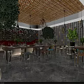 Lush Green Plant Decorated Restaurant Interior With Wooden Ceiling Hanging Lights Stone Walls And Colorful Chairs
