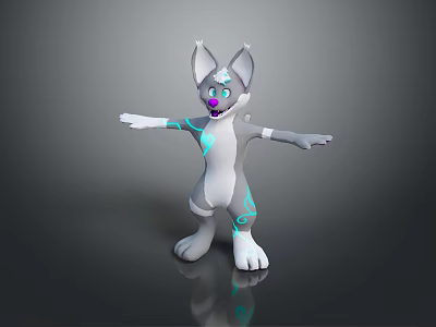 Cartoon 3D Character With Gray Body Blue Glowing Patterns Purple Nose Open Arms Standing 3d model
