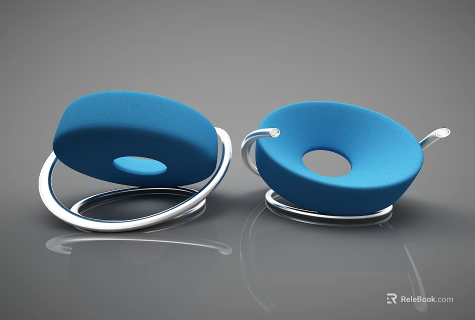 Two Blue Modern Leisure Chairs With Silver Metal Frames And Circular Back Holes 3d model 