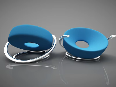 Two Blue Modern Leisure Chairs With Silver Metal Frames And Circular Back Holes 3d model