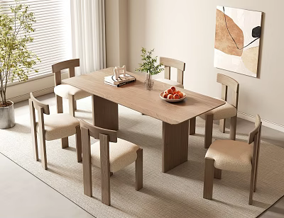 Modern Restaurant Dining Area With Wooden Table Chairs And Decorative Wall Art 3d model