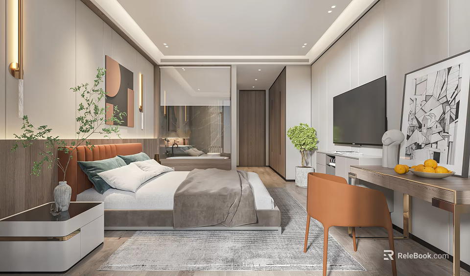 Modern Hotel Guest Room With Bed TV Desk Chair And Green Plant 3d model 