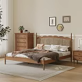 Wooden Double Bed With Woven Headboard Nightstand Dresser And Wall Art