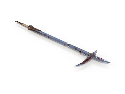 Blue Decorative Weapon With Long Shaft Double Sharp Blades And Red Stains 3d model
