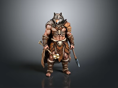Muscular Man in Wolf Head Headdress and Leather Outfit with Bone Decorations Holding Spear 3d model