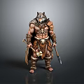 Muscular Man in Wolf Head Headdress and Leather Outfit with Bone Decorations Holding Spear