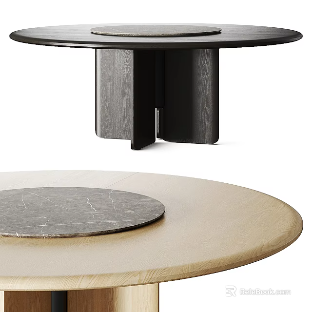 Modern Round Dining Table With Black Legs Marble Insert And Wooden Surface 3d model 