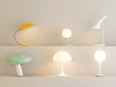 Modern Table Lamps With Mushroom Shaped Round And Curved Designs On Shelves 3d model