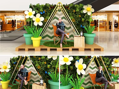Mall Decorative Display Area With Green Plant Wall Triangular Frame White Flowers And Chair 3d model