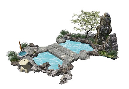 New Chinese style landscape sketch waterfront landscape rockery stone 3d model