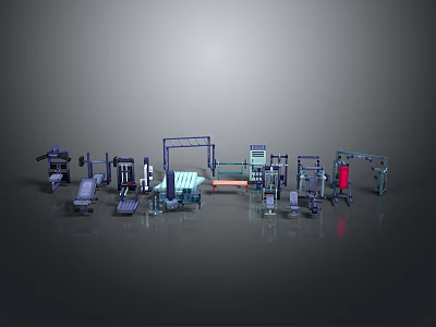 Different Gym Fitness Equipment Including Weight Machines Dumbbell Racks And Benches 3d model