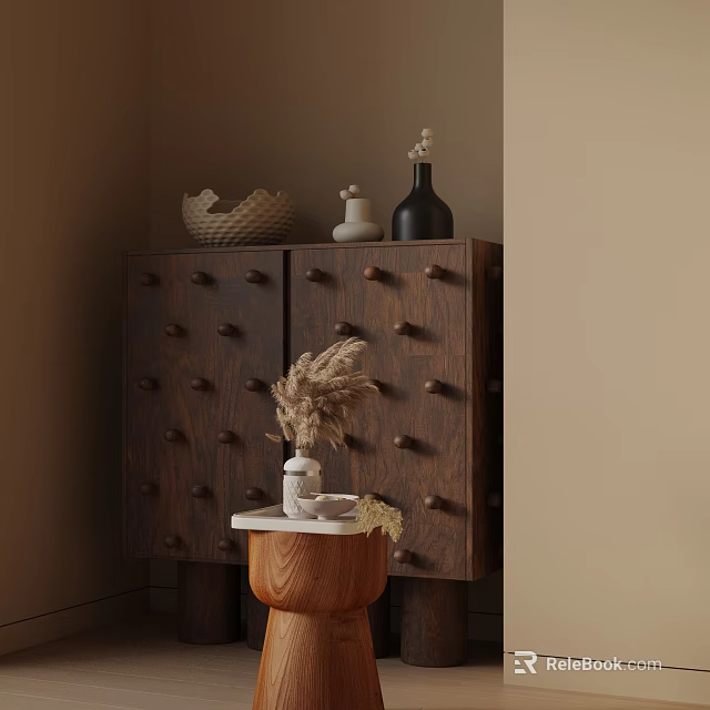Wooden Side Table Adorned With White Vase Dried Pampas Grass By Dark Wooden Cabinet 3d model 