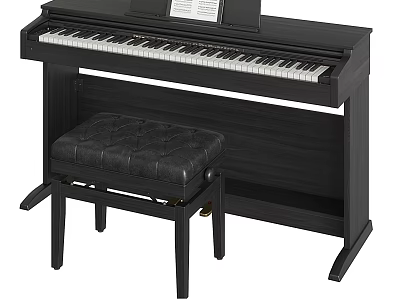 Black Digital Piano With Leather Padded Bench And Music Sheet For Musical Instruments 3d model