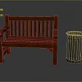 Wooden Bench With Backrest Armrest And Metal Trash Can In Outdoor Setting