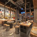 Modern Asian Restaurant Interior With Wooden Decor Metal Tables And Menu Posters