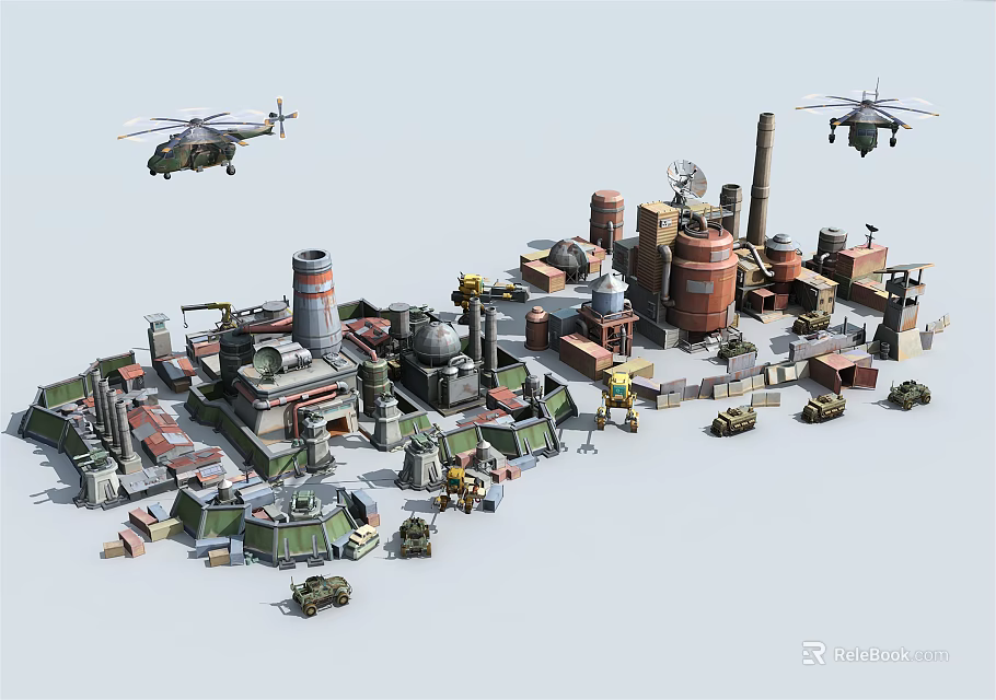 Colorful Cartoon Industrial Scene With Factories Buildings Helicopters And Vehicles 3d model 