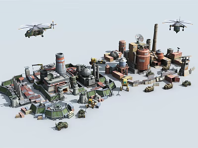 Colorful Cartoon Industrial Scene With Factories Buildings Helicopters And Vehicles 3d model