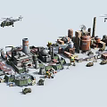 Colorful Cartoon Industrial Scene With Factories Buildings Helicopters And Vehicles