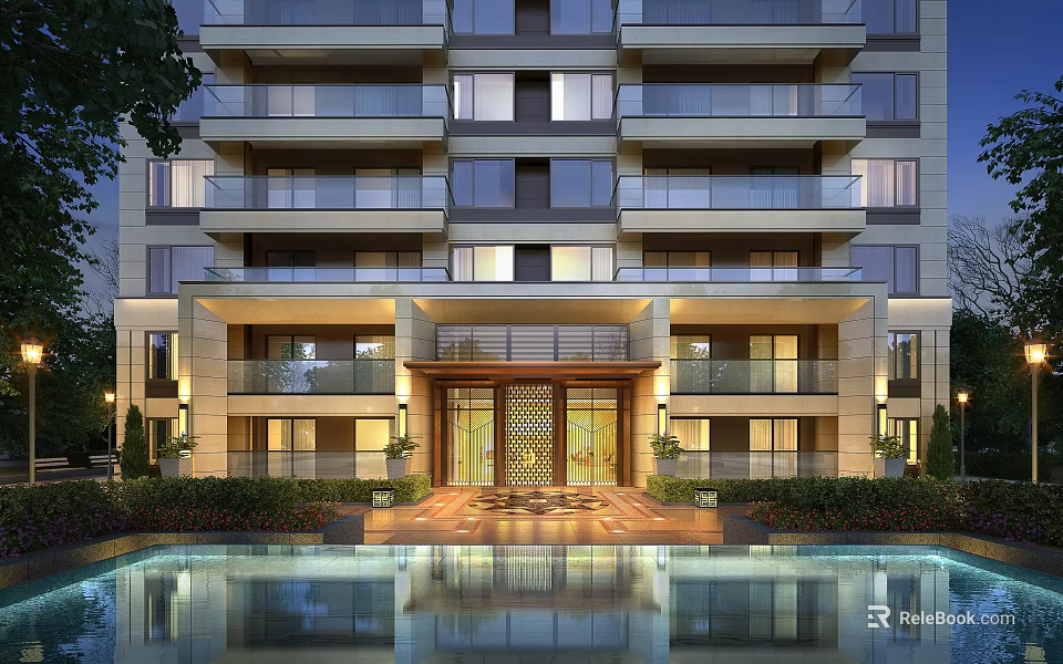 Modern High Rise Apartment Building With Front Pool Reflection Greenery And Illuminated Entrance 3d model 