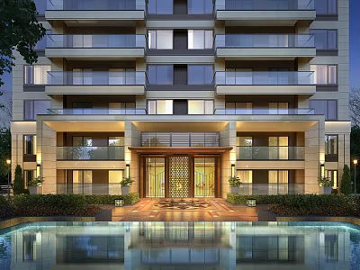 Modern High Rise Apartment Building With Front Pool Reflection Greenery And Illuminated Entrance 3d model