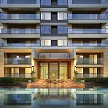 Modern High Rise Apartment Building With Front Pool Reflection Greenery And Illuminated Entrance