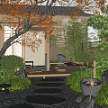 Japanese Style Courtyard Garden With Red Maple Leaves Stone Lanterns And Stepping Stones