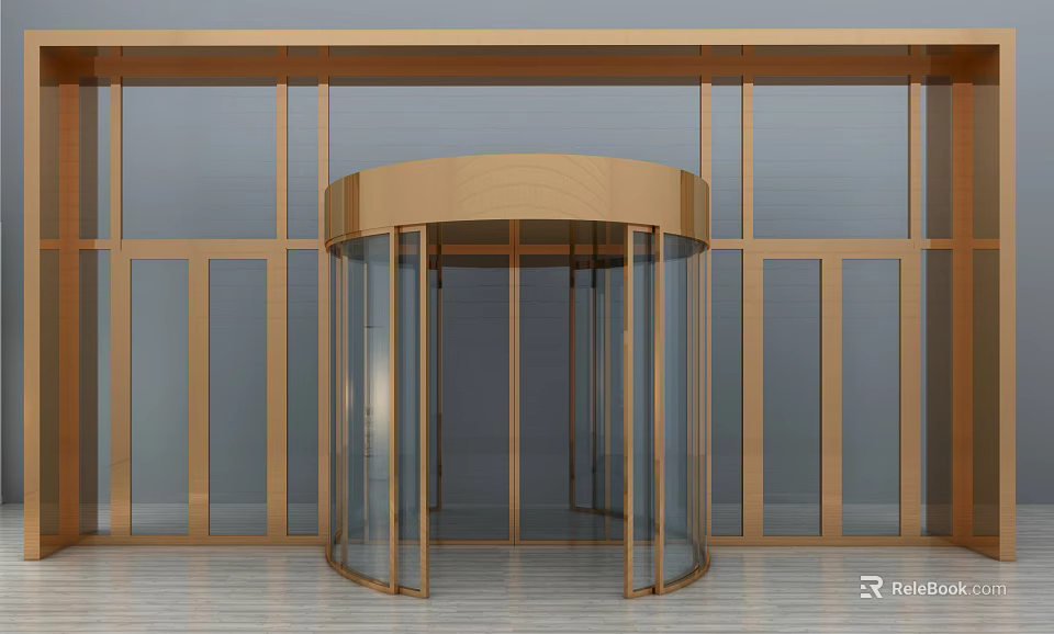 Modern Building Entrance With Golden Frame Revolving Glass Door Structure 3d model 