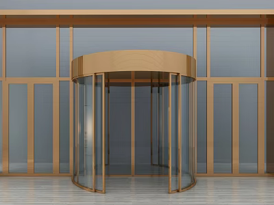 Modern Building Entrance With Golden Frame Revolving Glass Door Structure 3d model