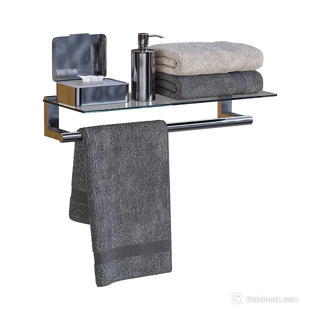 Modern Bathroom Shelf With Glass Layer Metal Bracket Stacked Towels And Hanging Towel 3d model 