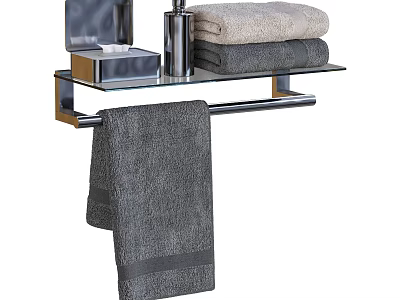 Modern Bathroom Shelf With Glass Layer Metal Bracket Stacked Towels And Hanging Towel 3d model