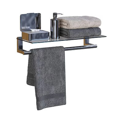 Modern Bathroom Shelf With Glass Layer Metal Bracket Stacked Towels And Hanging Towel 3d model