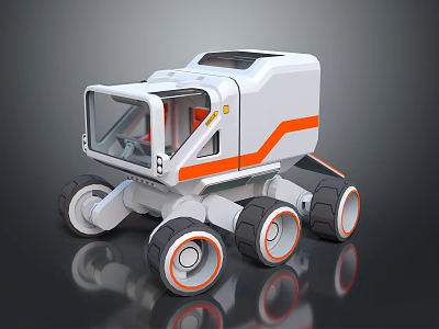 White and Orange Futuristic Exploration Vehicle With Large Wheels And Transparent Cockpit 3d model