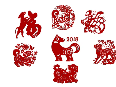 Traditional Chinese Paper Cut Wall Decor with Red Fu Character Animal Patterns and 2018 Design 3d model