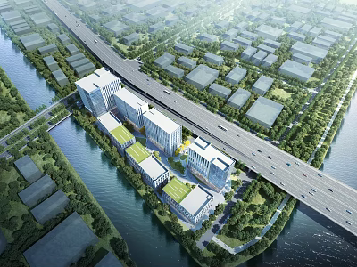Aerial View City Planning Of Riverfront Urban District With Road Buildings Green Rooftops And Trees 3d model