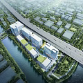 Aerial View City Planning Of Riverfront Urban District With Road Buildings Green Rooftops And Trees