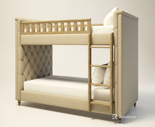 Stylish Beige Bunk Bed With Upholstered Headboard Upper Guardrail And Ladder 3d model 