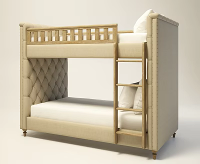 Stylish Beige Bunk Bed With Upholstered Headboard Upper Guardrail And Ladder 3d model