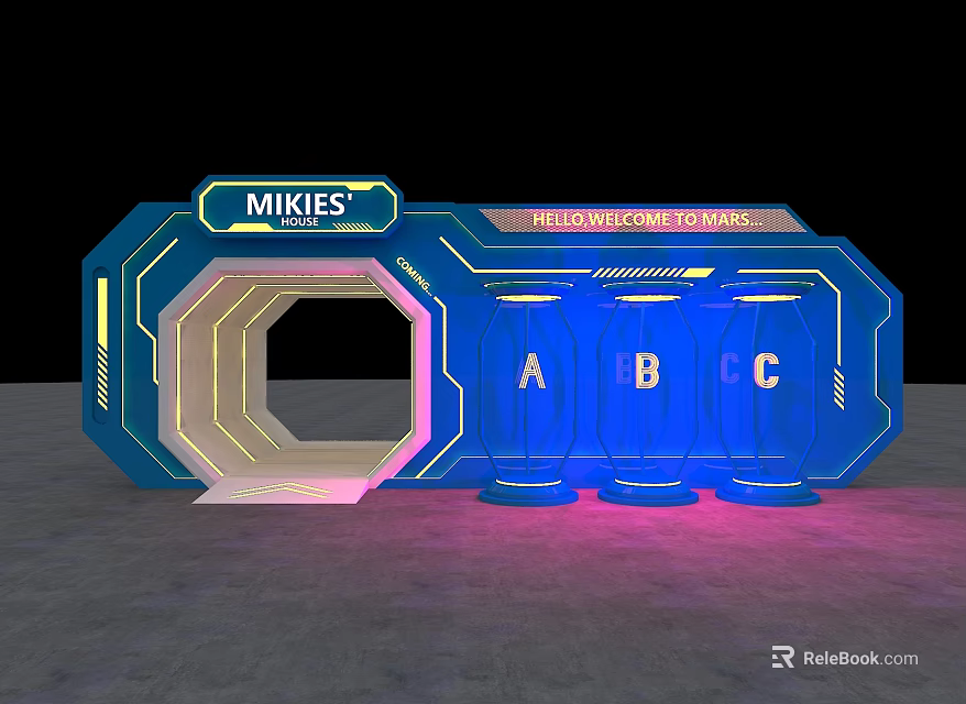 Modern Office Corridor With MIKIES Sign Blue Purple Neon Lights And ABC Letters 3d model 