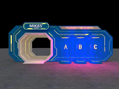 Modern Office Corridor With MIKIES Sign Blue Purple Neon Lights And ABC Letters 3d model