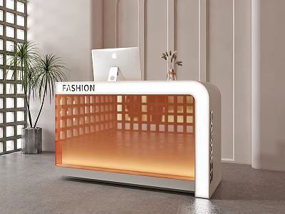 Modern Fashion Reception Desk With White Counter MacBook Orange Lighting Grid Design And Potted Plant 3d model