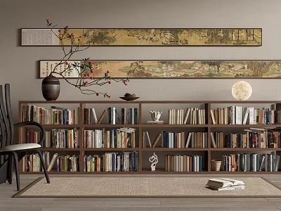 Room With Large Bookcase Filled With Books Chair Wall Long Scroll Paintings Vase And Rug 3d model