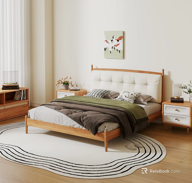 Cozy Double Bed With Wooden Frame White Upholstered Headboard Modern Bedding Nightstands And Wall Art 3d model 