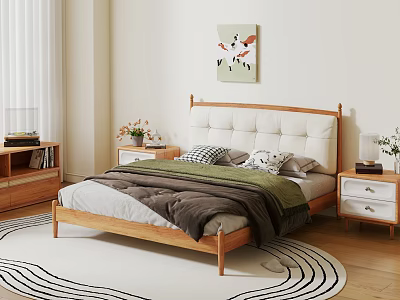 Cozy Double Bed With Wooden Frame White Upholstered Headboard Modern Bedding Nightstands And Wall Art 3d model