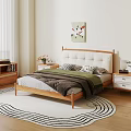 Cozy Double Bed With Wooden Frame White Upholstered Headboard Modern Bedding Nightstands And Wall Art