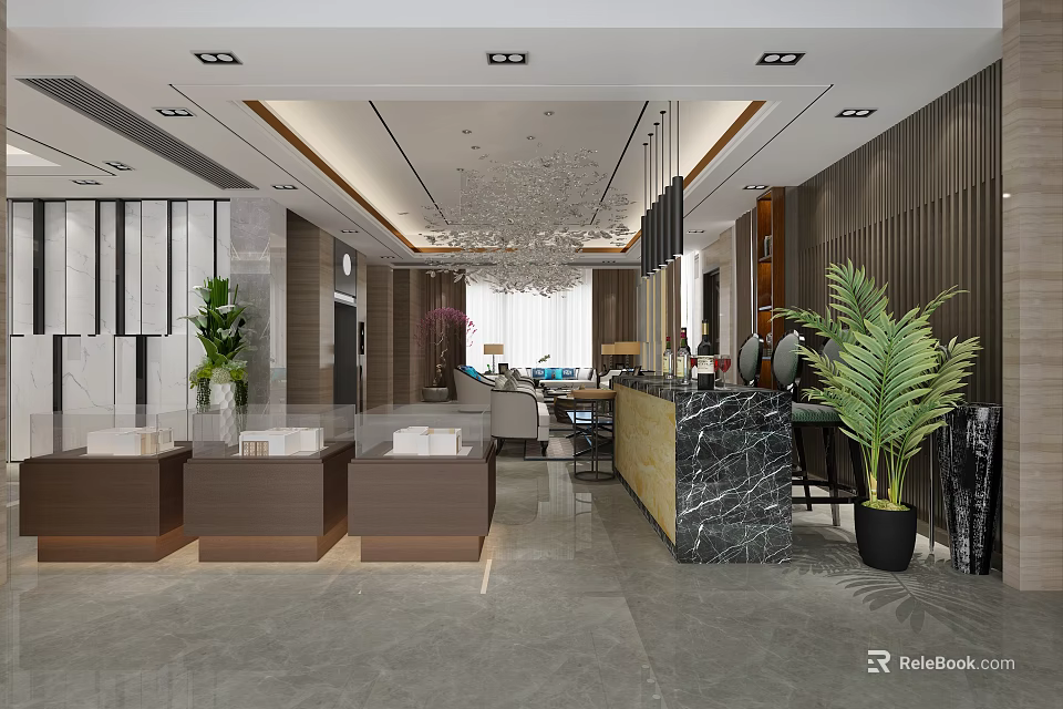 Modern Property Sales Office Interior with Display Podiums Marble Reception Counter Chandelier and Green Plants 3d model 